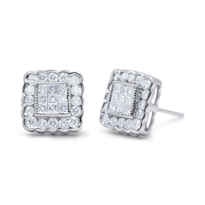 14K White Gold 1.0 Cttw Round Brilliant & Princess Cut Diamond Scallop-Edge Framed Square Halo Stud Earrings (G-H Color, SI1-SI2 Clarity) Bids.com