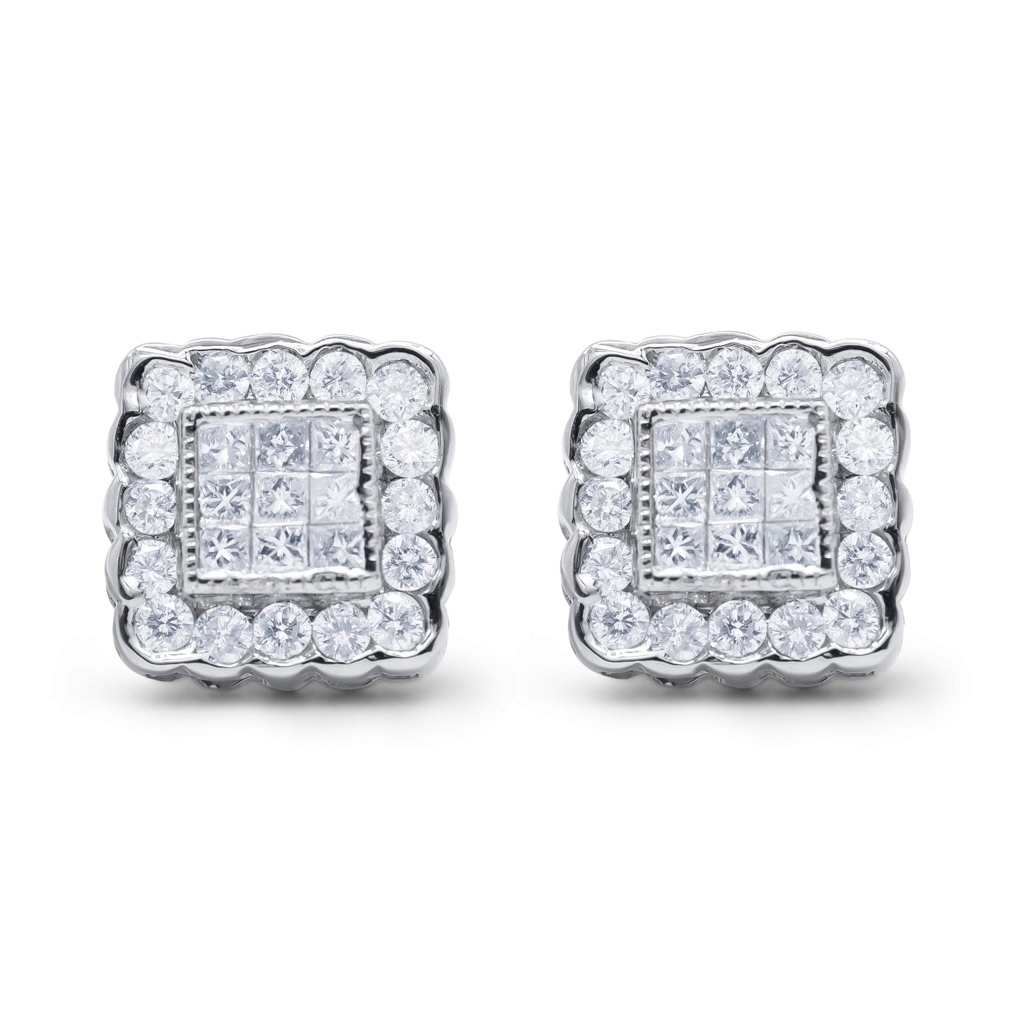 14K White Gold 1.0 Cttw Round Brilliant & Princess Cut Diamond Scallop-Edge Framed Square Halo Stud Earrings (G-H Color, SI1-SI2 Clarity) Bids.com
