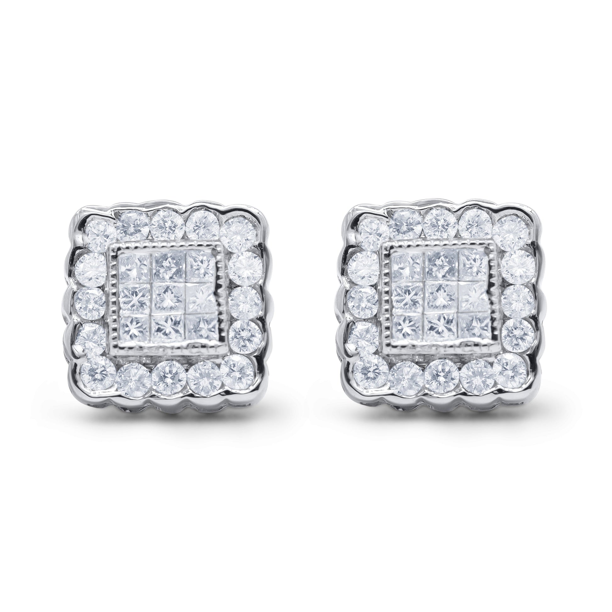 14K White Gold 1.0 Cttw Round Brilliant & Princess Cut Diamond Scallop-Edge Framed Square Halo Stud Earrings (G-H Color, SI1-SI2 Clarity) Bids.com