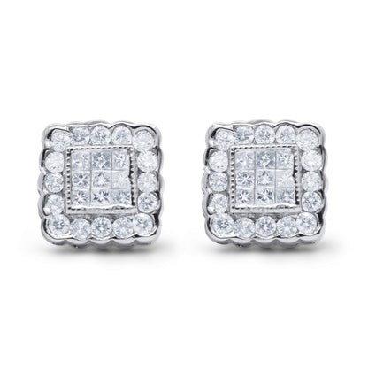 14K White Gold 1.0 Cttw Round Brilliant & Princess Cut Diamond Scallop-Edge Framed Square Halo Stud Earrings (G-H Color, SI1-SI2 Clarity) Bids.com