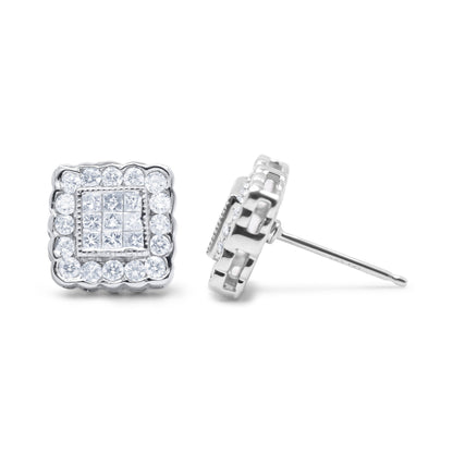 14K White Gold 1.0 Cttw Round Brilliant & Princess Cut Diamond Scallop-Edge Framed Square Halo Stud Earrings (G-H Color, SI1-SI2 Clarity) Bids.com