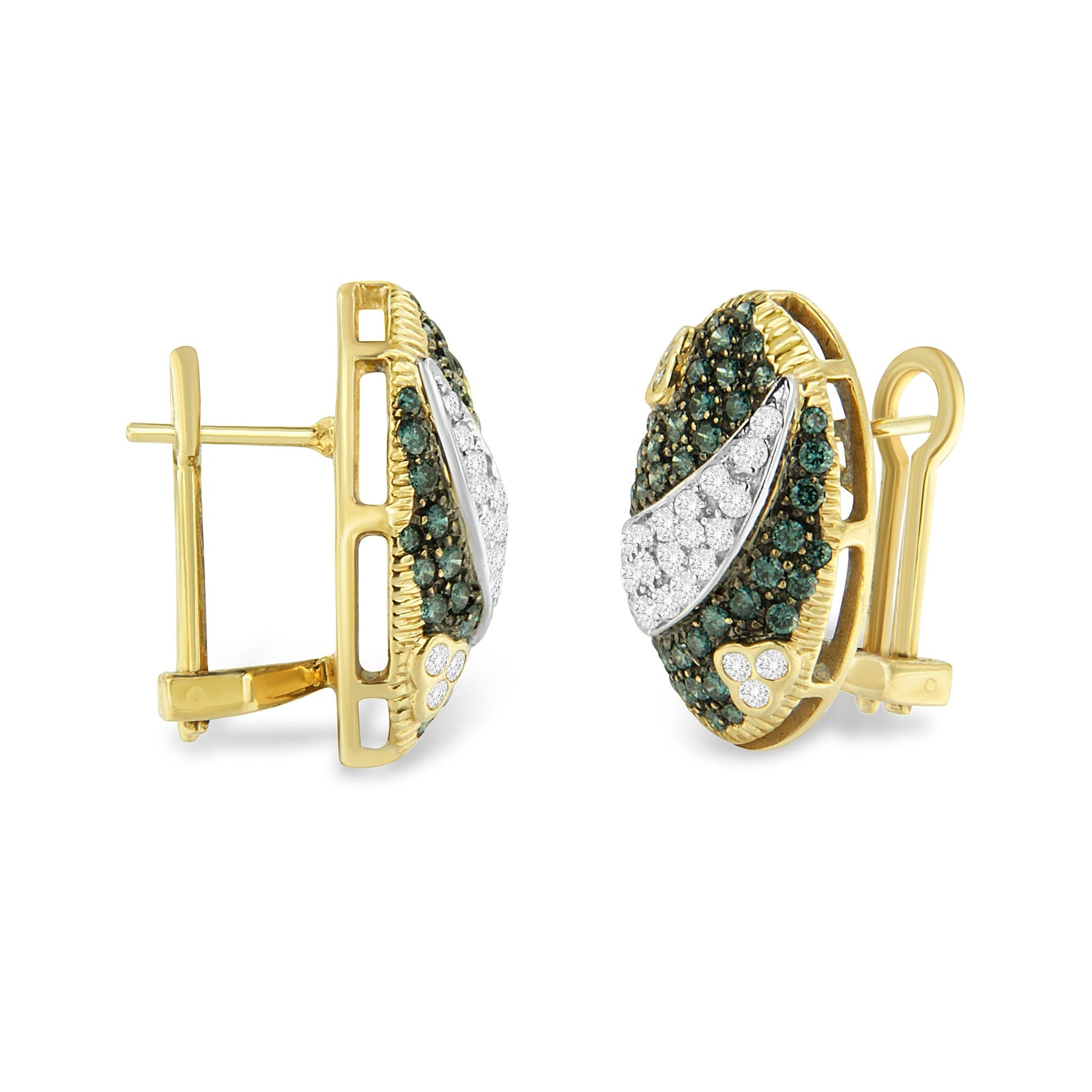 Black and White Rhodium over 14K Yellow Gold 2-1/10 Cttw White and Blue Diamond Oval Omega Back Stud Earrings (H-I and Blue Color, SI1-SI2 Clarity) Bids.com