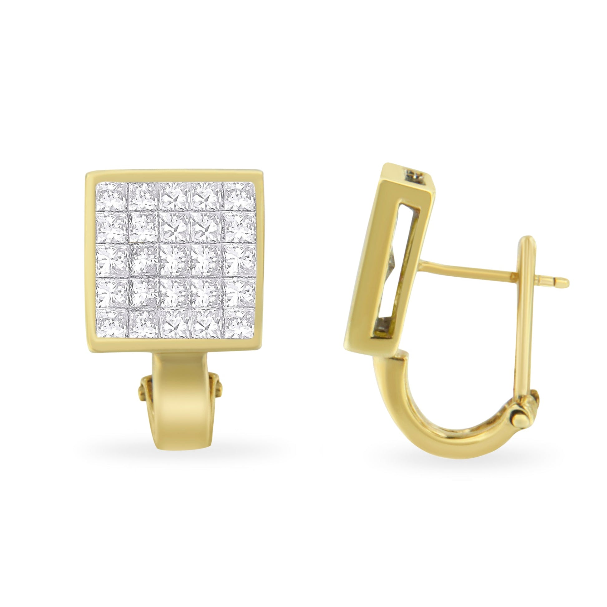 14K Yellow Gold 3-1/5 Cttw Princess Cut Diamond Â¾ Square Invisible Set Grid Huggy Style Omega Back Stud Earrings (G-H Color, VS1-VS2 Clarity) Bids.com