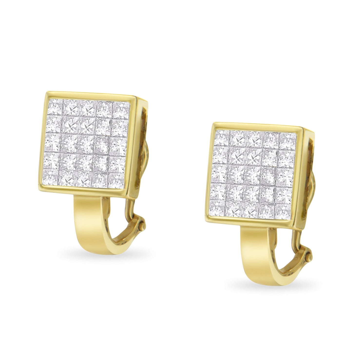 14K Yellow Gold 3-1/5 Cttw Princess Cut Diamond Â¾ Square Invisible Set Grid Huggy Style Omega Back Stud Earrings (G-H Color, VS1-VS2 Clarity) Bids.com