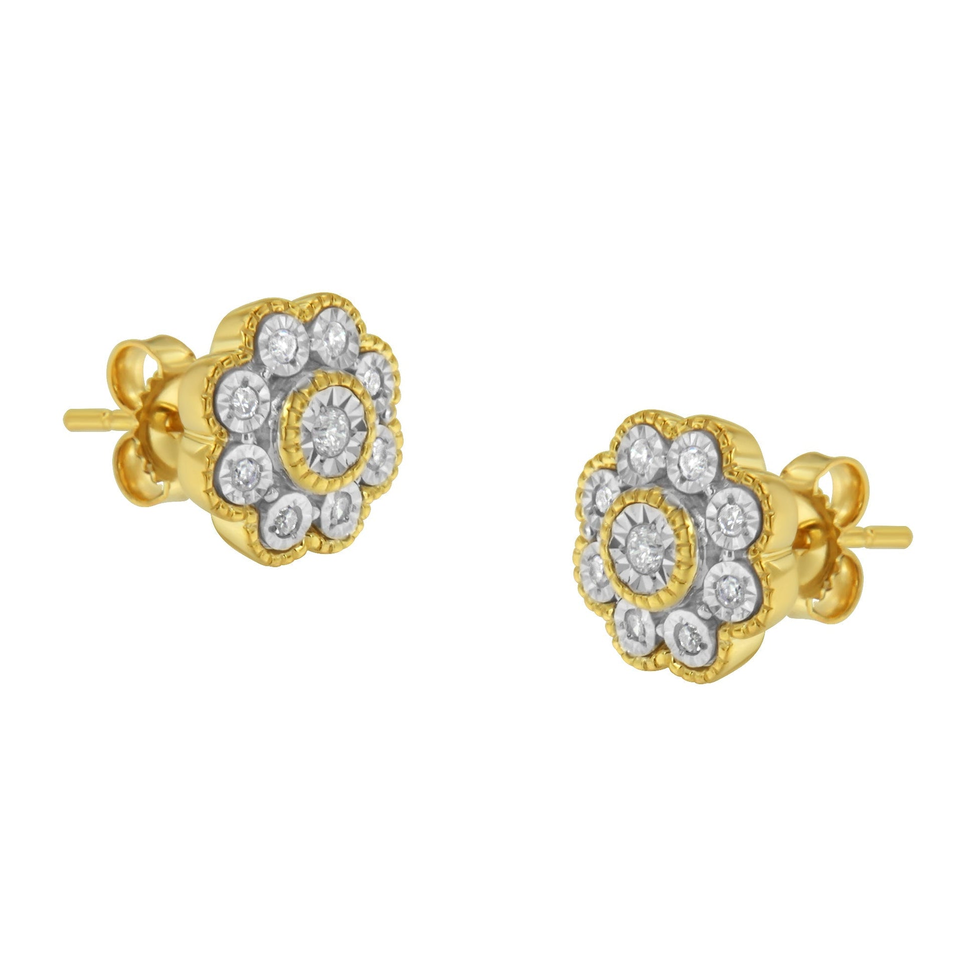 14K Yellow Gold Plated .925 Sterling Silver 1/6 Cttw Miracle-Plate Set Diamond Floral Stud Earrings (I-J Color, I2-I3 Clarity) Bids.com
