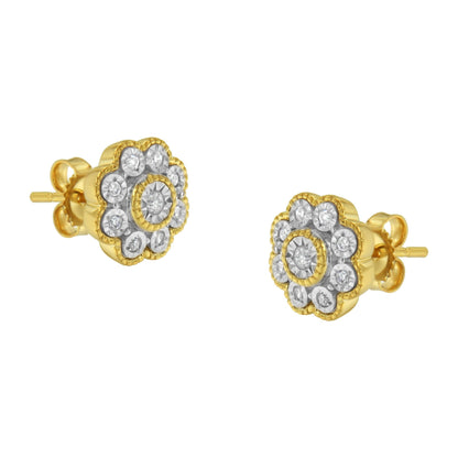 14K Yellow Gold Plated .925 Sterling Silver 1/6 Cttw Miracle-Plate Set Diamond Floral Stud Earrings (I-J Color, I2-I3 Clarity) Bids.com