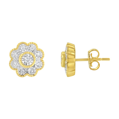 14K Yellow Gold Plated .925 Sterling Silver 1/6 Cttw Miracle-Plate Set Diamond Floral Stud Earrings (I-J Color, I2-I3 Clarity) Bids.com