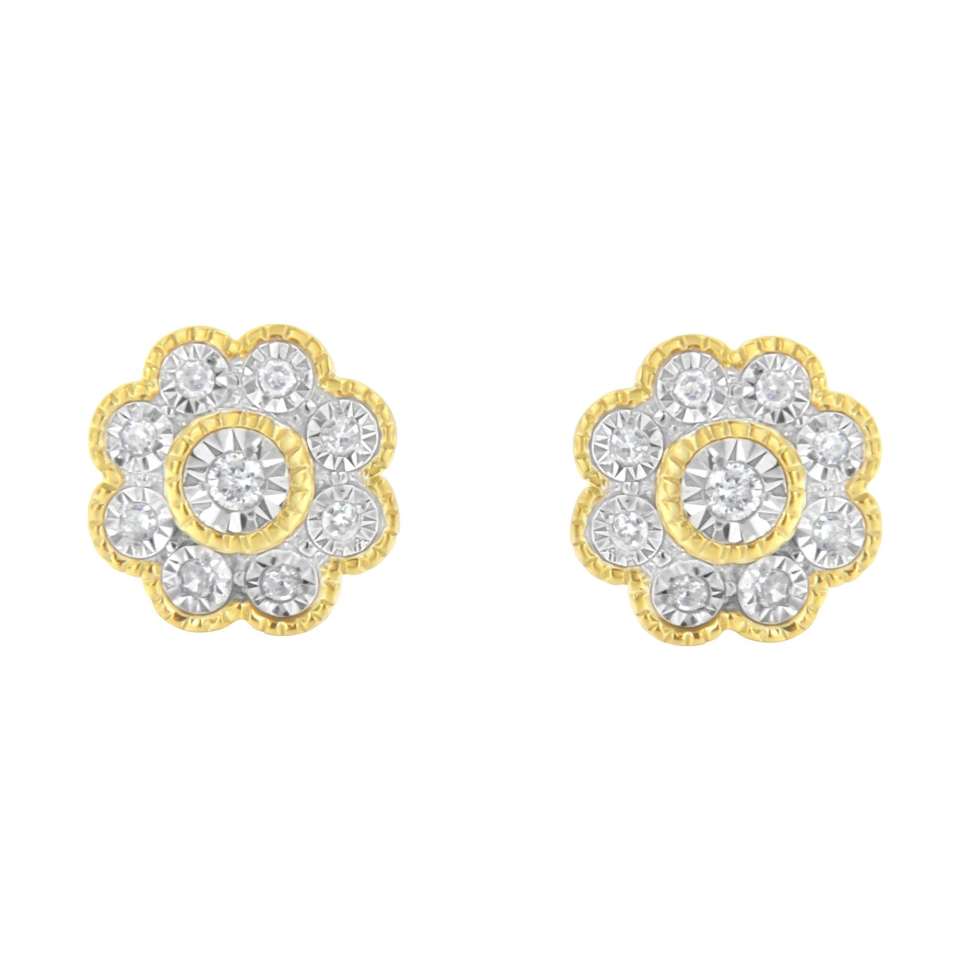14K Yellow Gold Plated .925 Sterling Silver 1/6 Cttw Miracle-Plate Set Diamond Floral Stud Earrings (I-J Color, I2-I3 Clarity) Bids.com