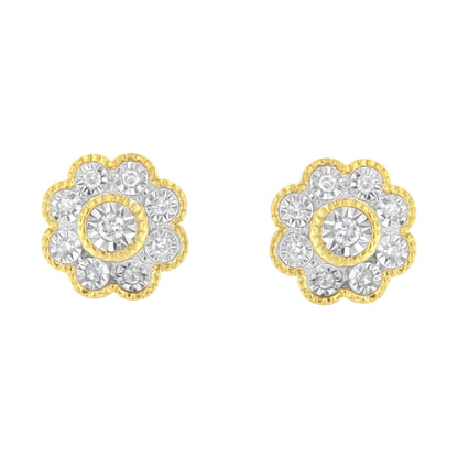 14K Yellow Gold Plated .925 Sterling Silver 1/6 Cttw Miracle-Plate Set Diamond Floral Stud Earrings (I-J Color, I2-I3 Clarity) Bids.com