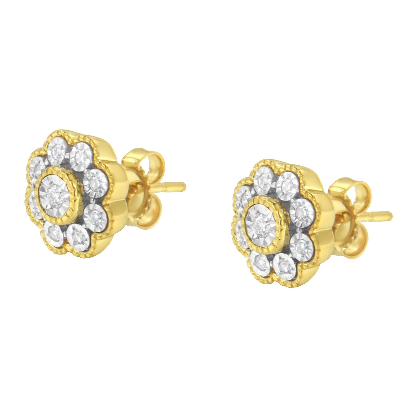 14K Yellow Gold Plated .925 Sterling Silver 1/6 Cttw Miracle-Plate Set Diamond Floral Stud Earrings (I-J Color, I2-I3 Clarity) Bids.com