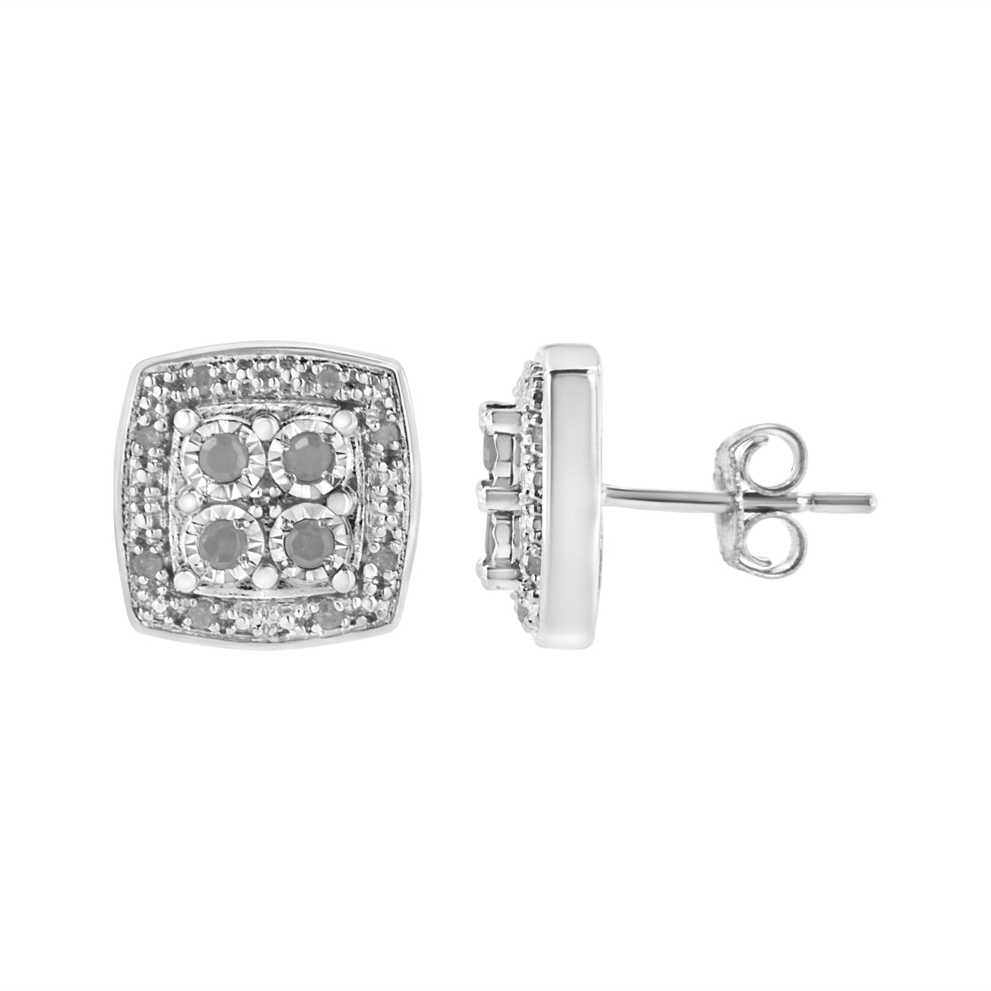 .925 Sterling Silver 1/4 cttw Round Cut Diamond Square Shape Milgrain Stud Earrings (I-J Color, I3 Clarity) Bids.com