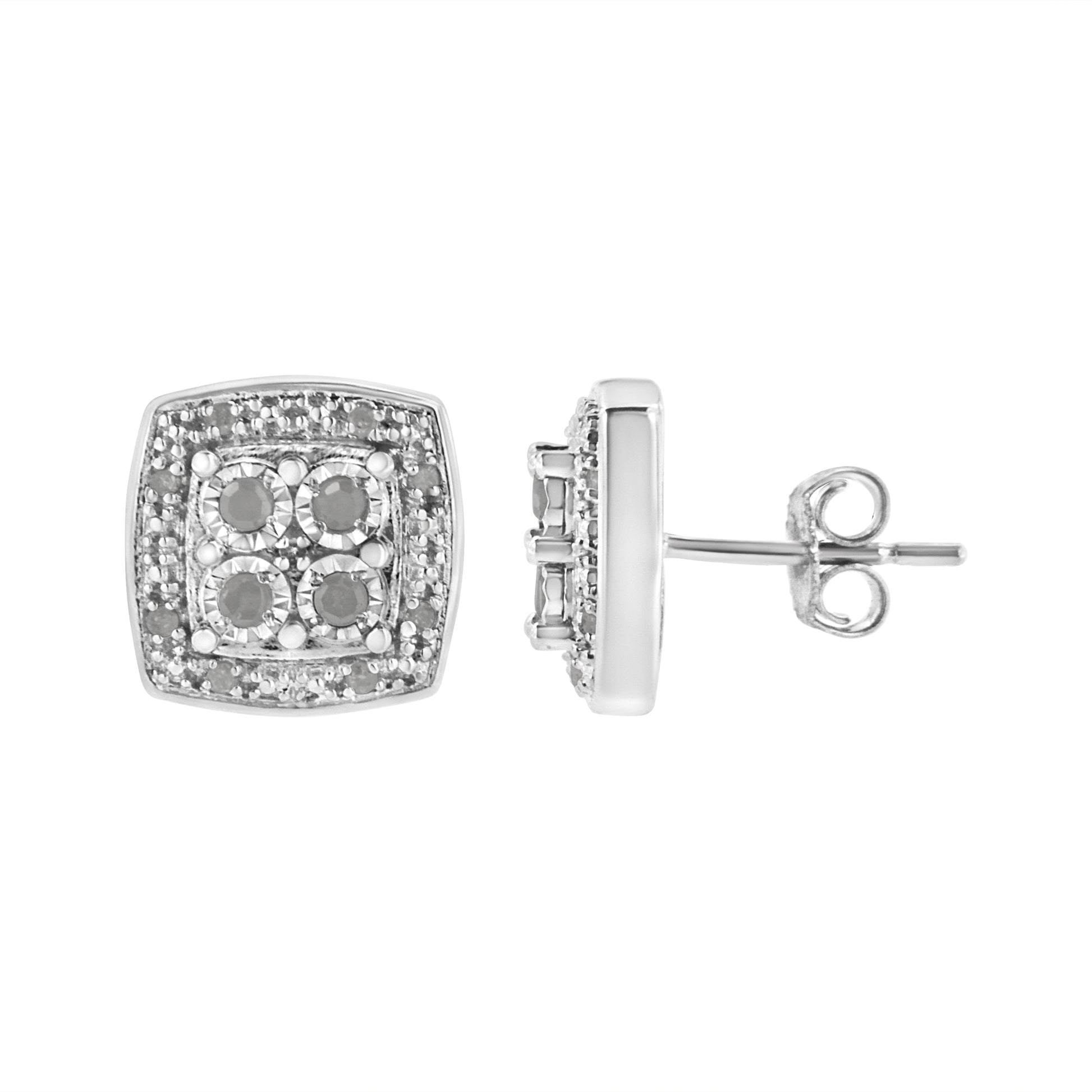 .925 Sterling Silver 1/4 cttw Round Cut Diamond Square Shape Milgrain Stud Earrings (I-J Color, I3 Clarity) Bids.com