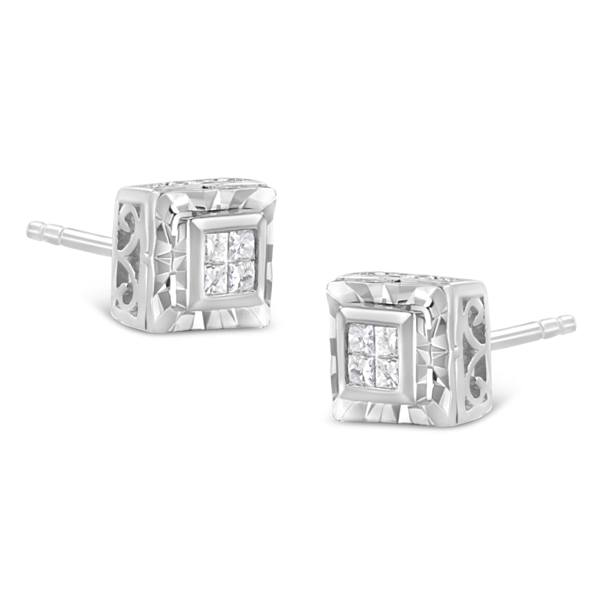 .925 Sterling Silver 1/6 Cttw Invisible Set Princess-Cut Diamond Quad Composite Stud Earrings (H-I Color, I1-I2 Clarity) Bids.com