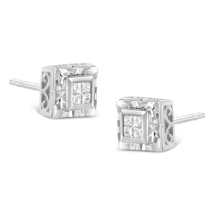 .925 Sterling Silver 1/6 Cttw Invisible Set Princess-Cut Diamond Quad Composite Stud Earrings (H-I Color, I1-I2 Clarity) Bids.com