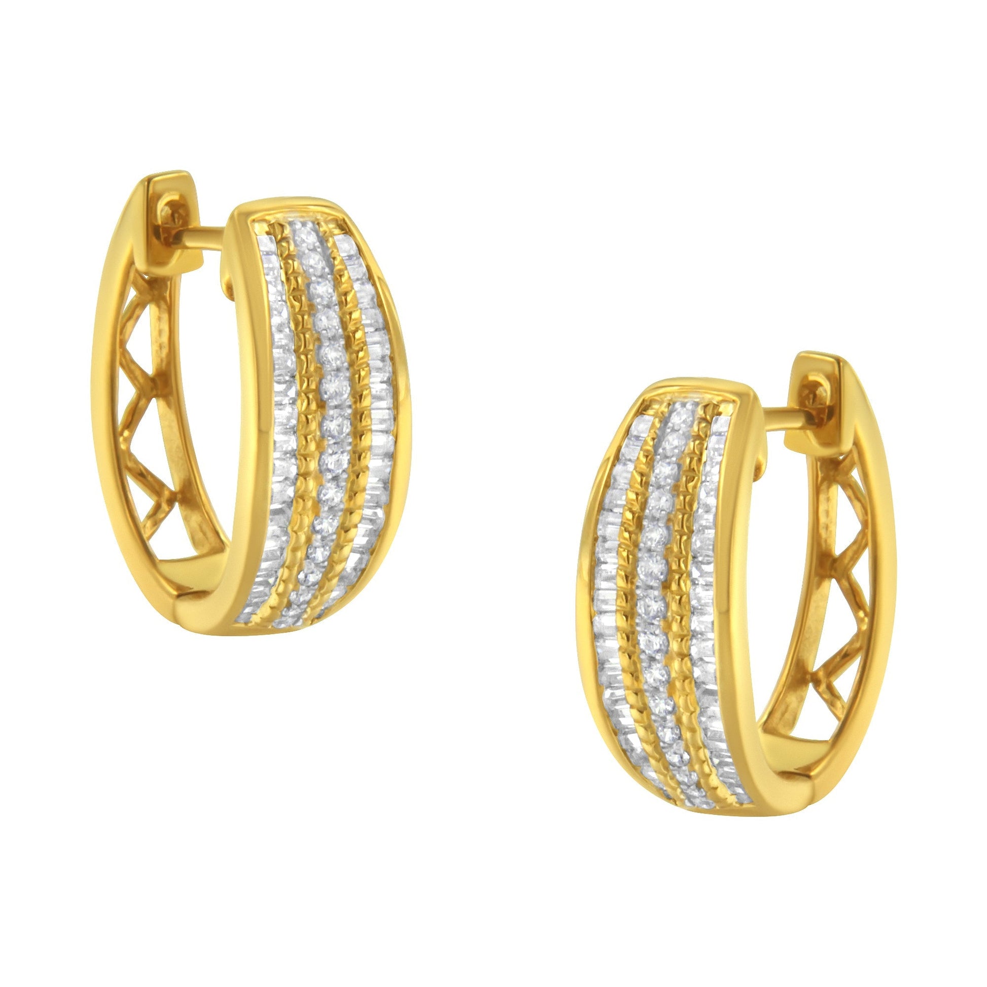 10K Yellow Gold 3/4 Cttw Pave and Channel Set Diamond Triple Row Modern Hoop Earrings (I-J Color, I2-I3 Clarity) Bids.com