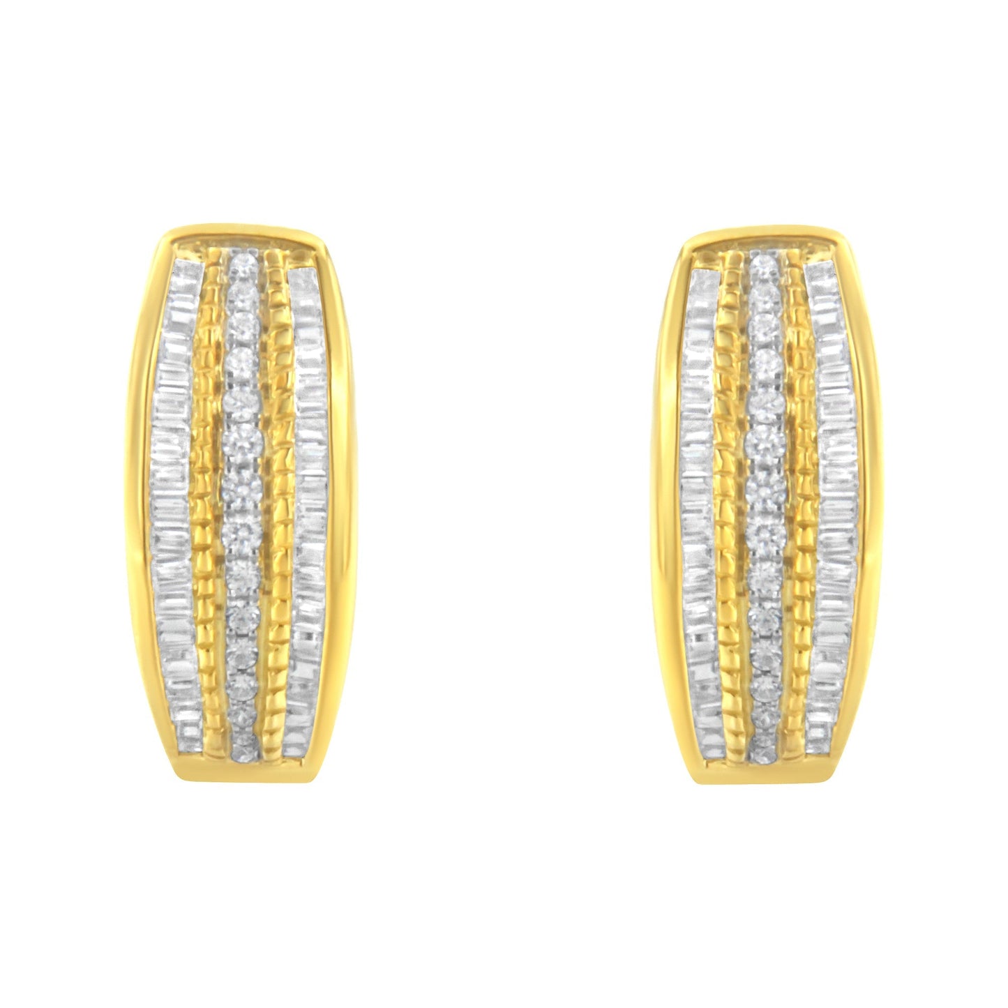 10K Yellow Gold 3/4 Cttw Pave and Channel Set Diamond Triple Row Modern Hoop Earrings (I-J Color, I2-I3 Clarity) Bids.com