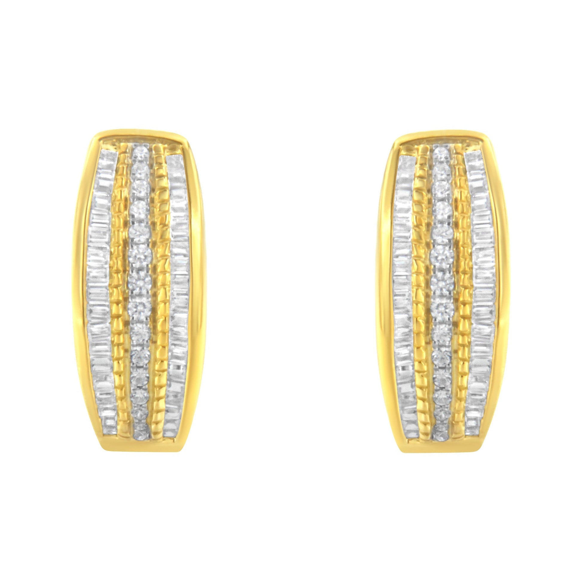 10K Yellow Gold 3/4 Cttw Pave and Channel Set Diamond Triple Row Modern Hoop Earrings (I-J Color, I2-I3 Clarity) Bids.com