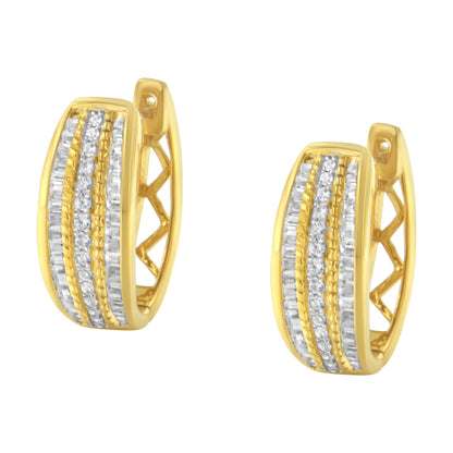 10K Yellow Gold 3/4 Cttw Pave and Channel Set Diamond Triple Row Modern Hoop Earrings (I-J Color, I2-I3 Clarity) Bids.com