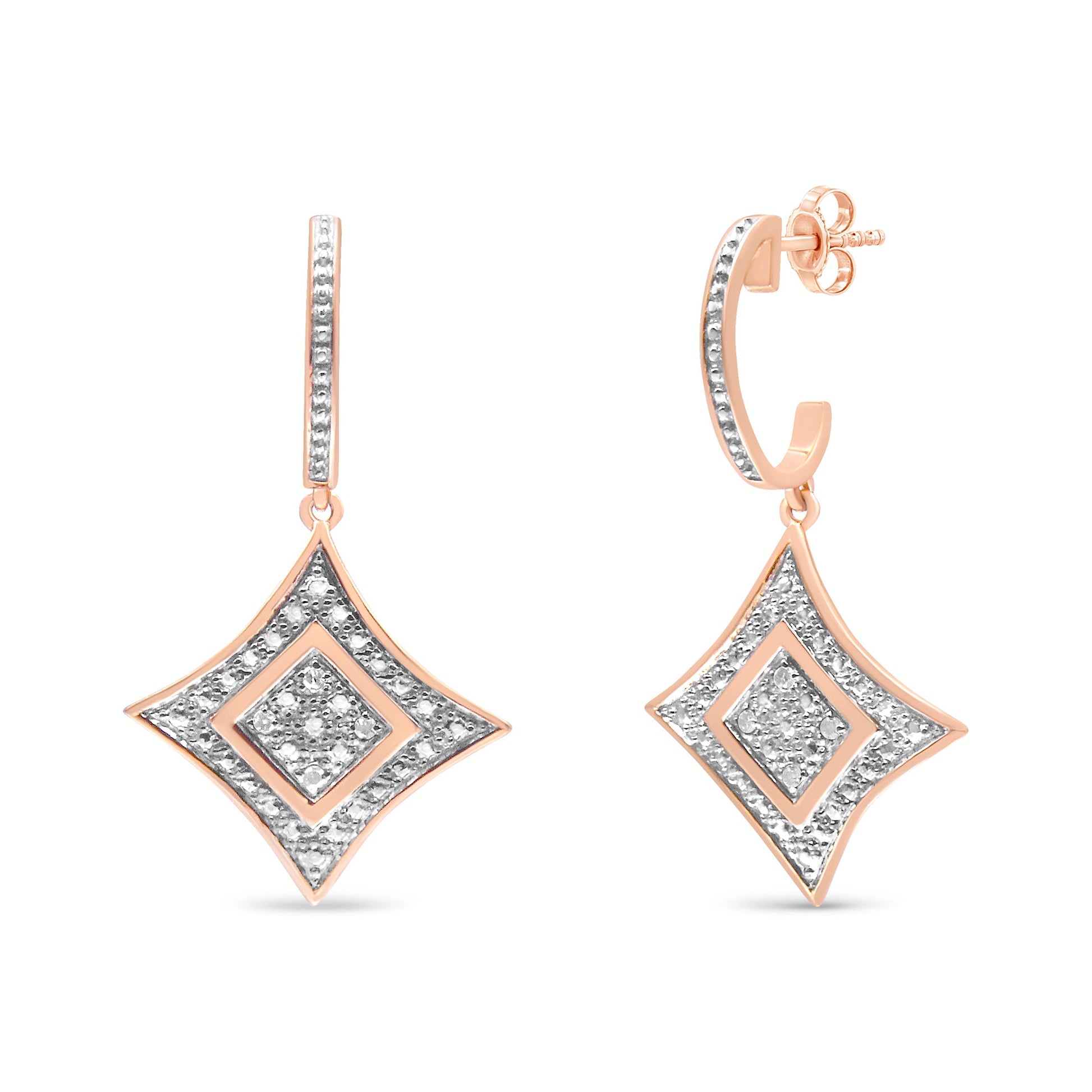 10K Rose Gold Plated Sterling Silver Round Cut Diamond Cushion Dangle Earrings (0.04 cttw, H-I Color, I2-I3 Clarity) Bids.com