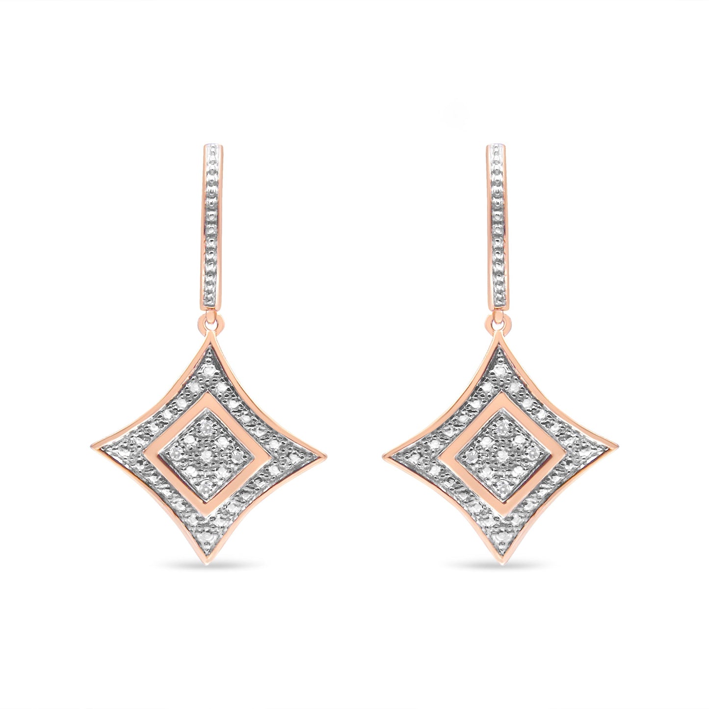 10K Rose Gold Plated Sterling Silver Round Cut Diamond Cushion Dangle Earrings (0.04 cttw, H-I Color, I2-I3 Clarity) Bids.com