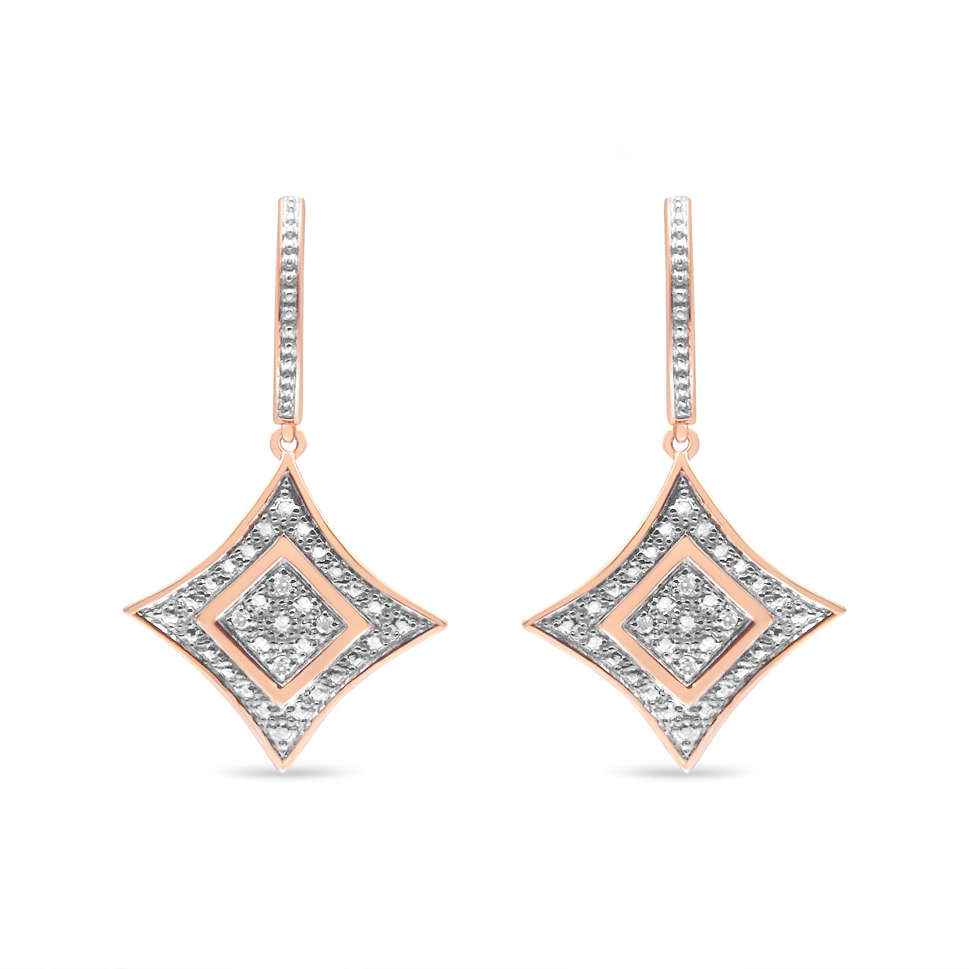 10K Rose Gold Plated Sterling Silver Round Cut Diamond Cushion Dangle Earrings (0.04 cttw, H-I Color, I2-I3 Clarity) Bids.com