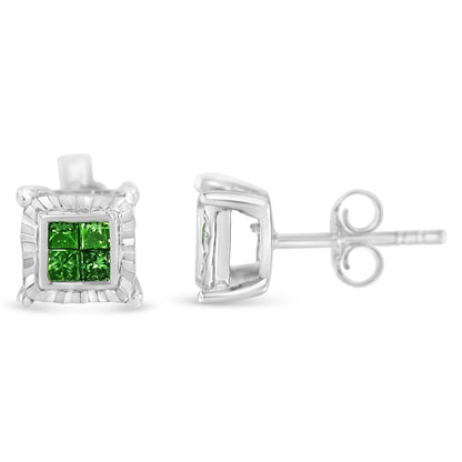 Sterling Silver Color Treated Princess Diamond Quad Stud Earring (1/2 cttw, Green Color, I1-I2 Clarity) Bids.com
