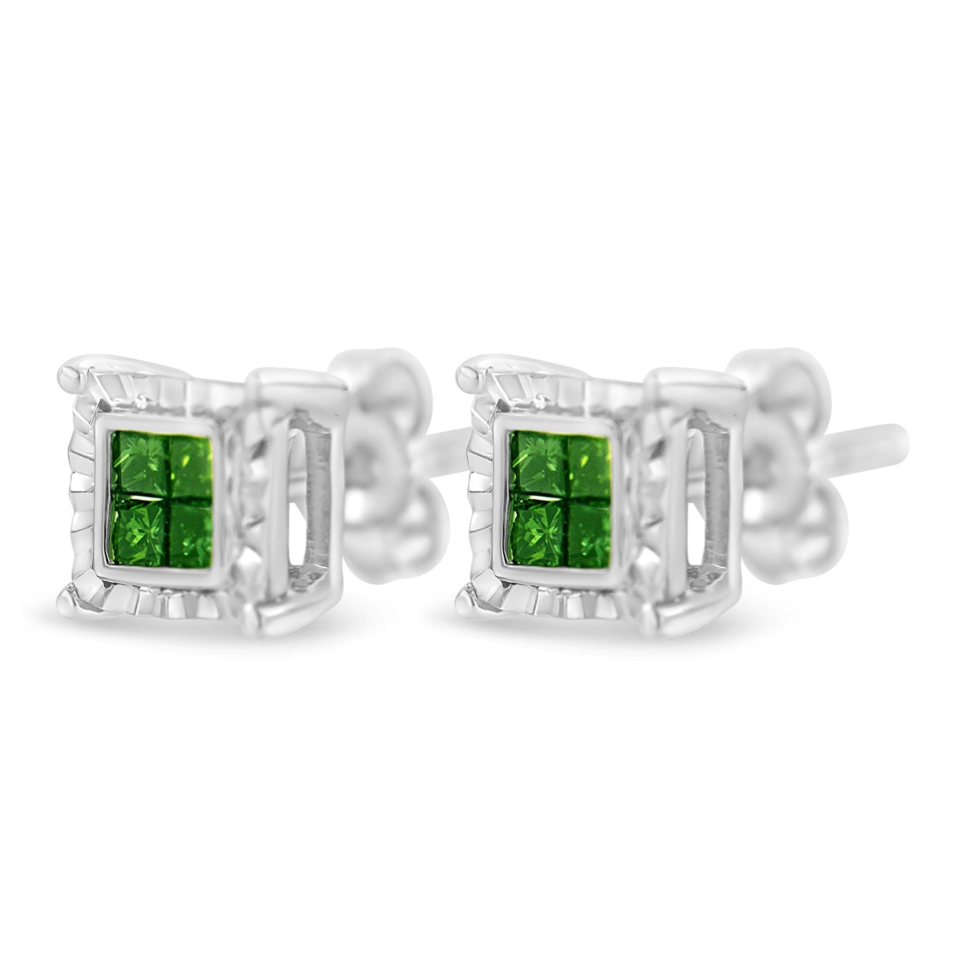 Sterling Silver Color Treated Princess Diamond Quad Stud Earring (1/2 cttw, Green Color, I1-I2 Clarity) Bids.com