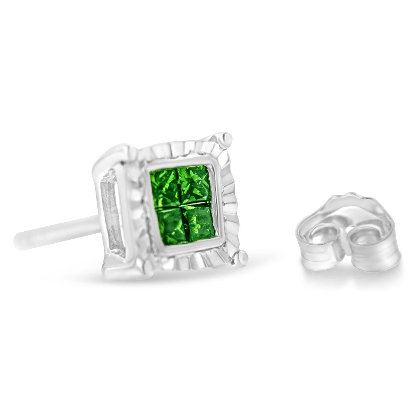 Sterling Silver Color Treated Princess Diamond Quad Stud Earring (1/2 cttw, Green Color, I1-I2 Clarity) Bids.com