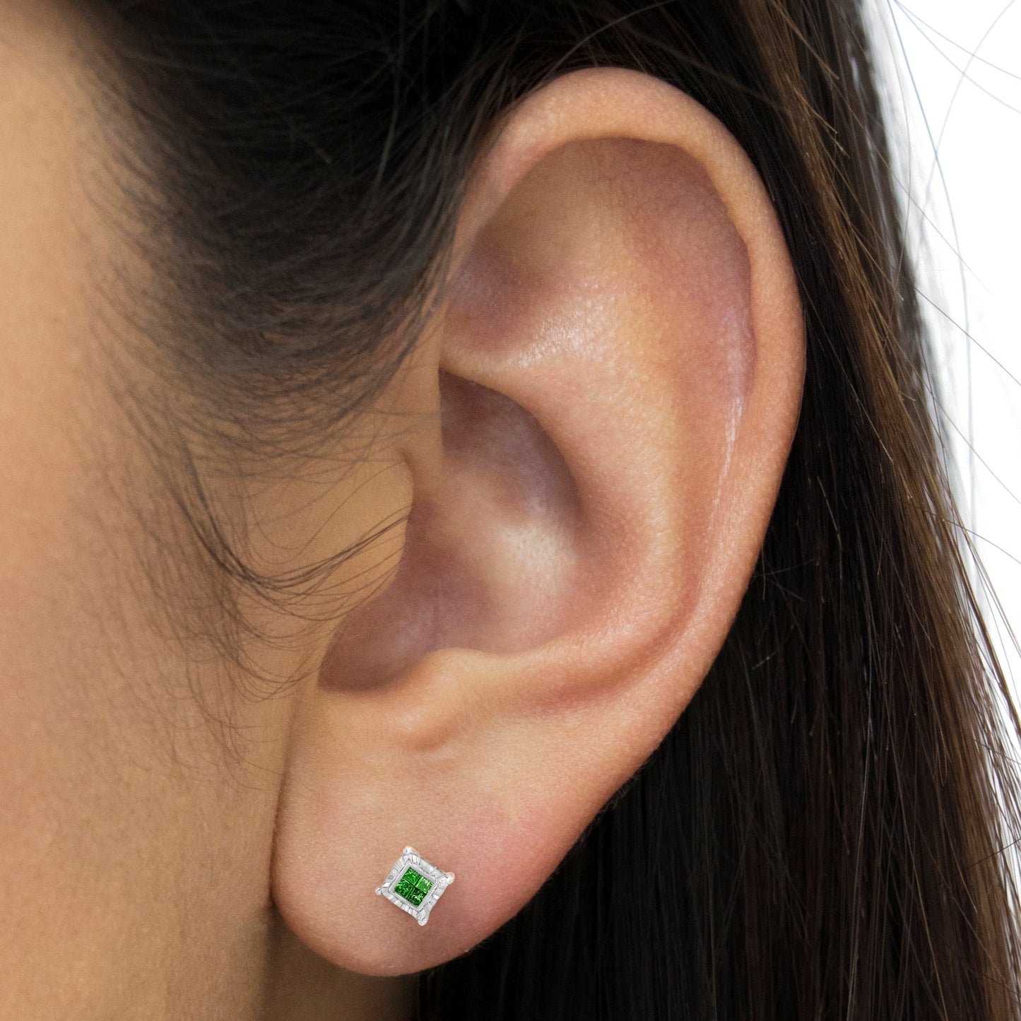 Sterling Silver Color Treated Princess Diamond Quad Stud Earring (1/2 cttw, Green Color, I1-I2 Clarity) Bids.com