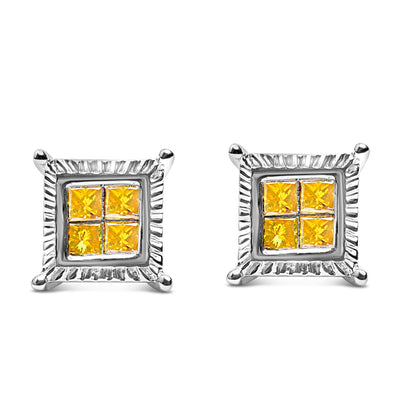 .925 Sterling Silver 1/2 Cttw Yellow Princess Diamond Quad Stud Earring Bids.com