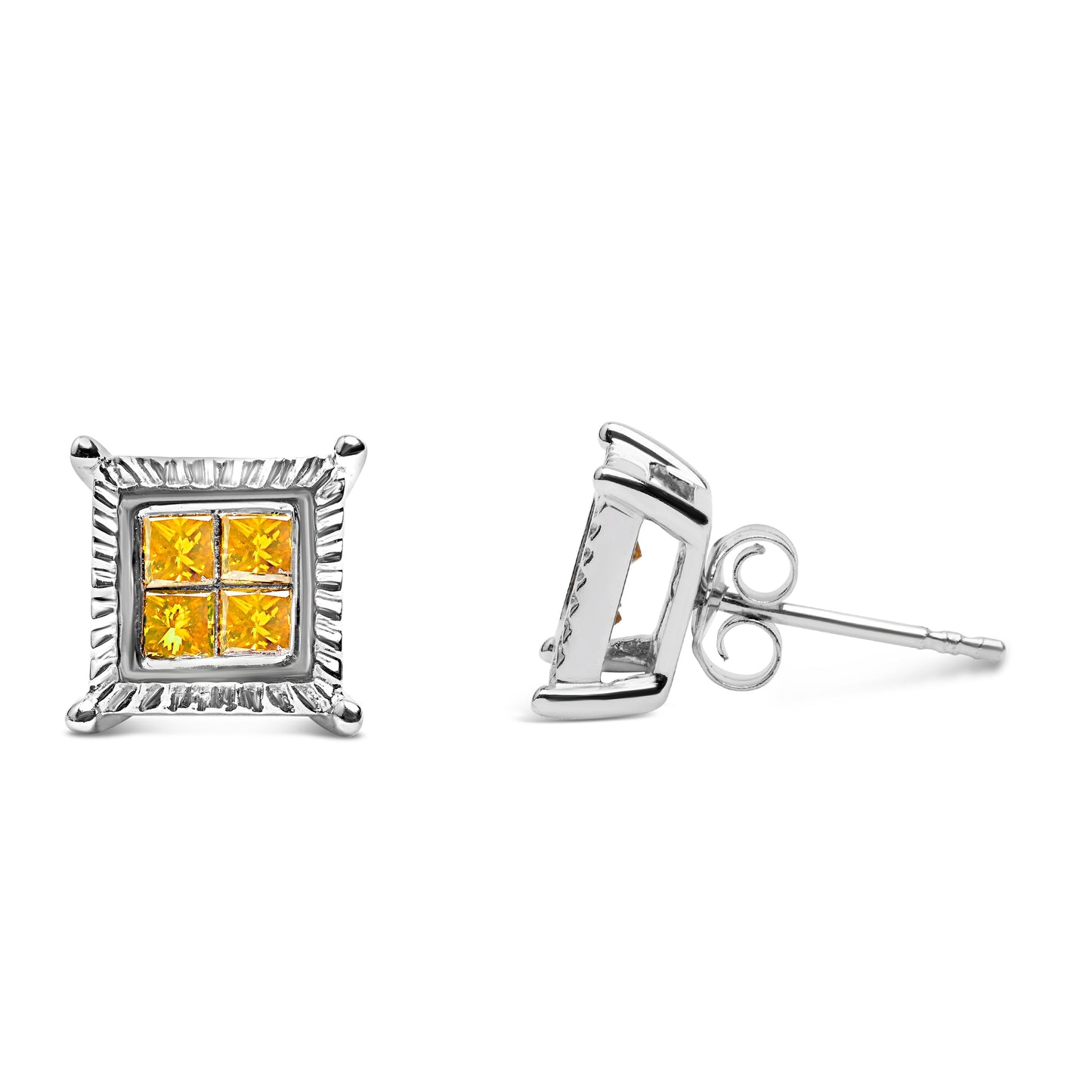 .925 Sterling Silver 1/2 Cttw Yellow Princess Diamond Quad Stud Earring Bids.com