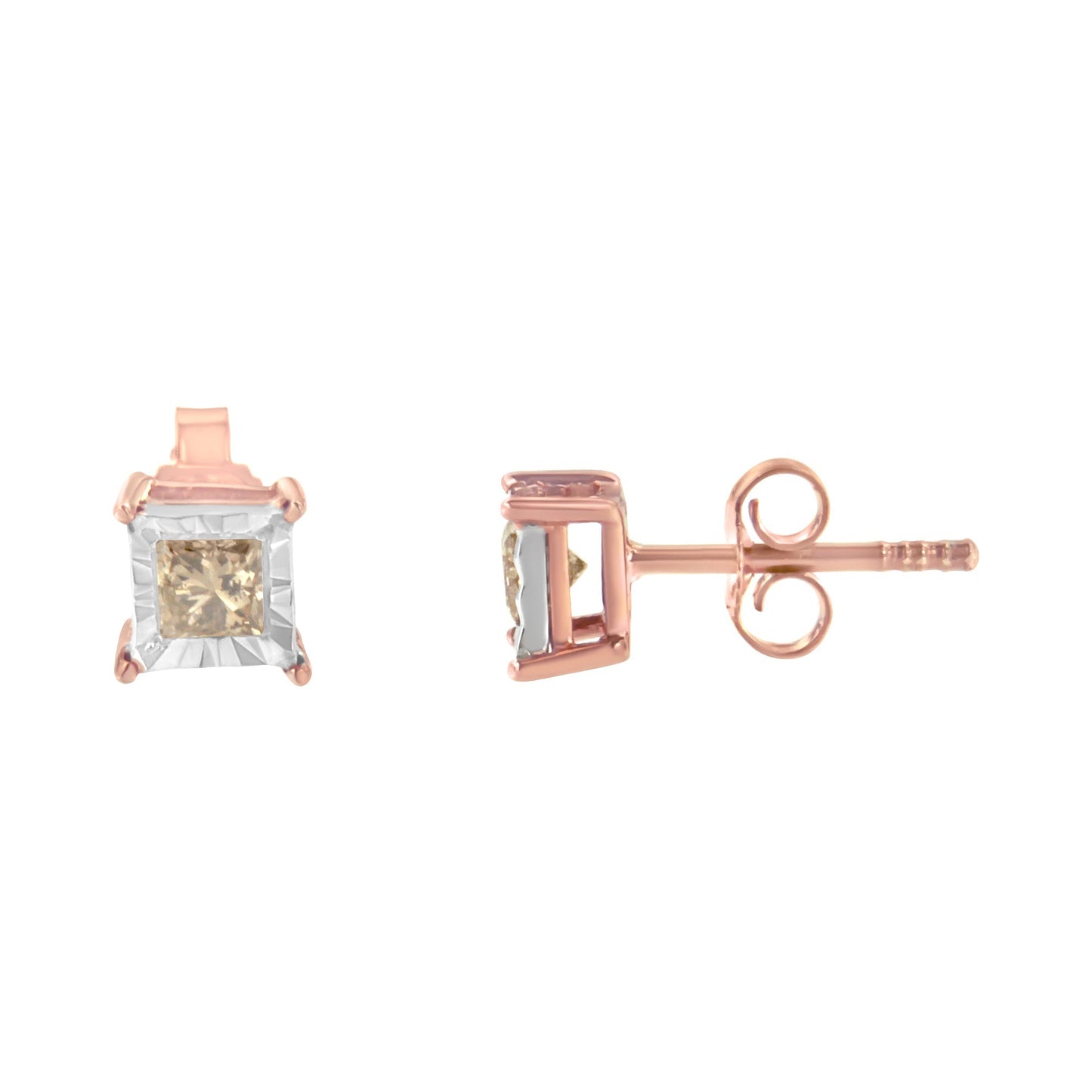 14K Rose Gold Plated Two-Tone .925 Sterling Silver 1/2 Cttw Princess-Cut Square Diamond Solitaire Miracle-Plate Stud Earrings (K-L Color, I2-I3 Clarity) Bids.com