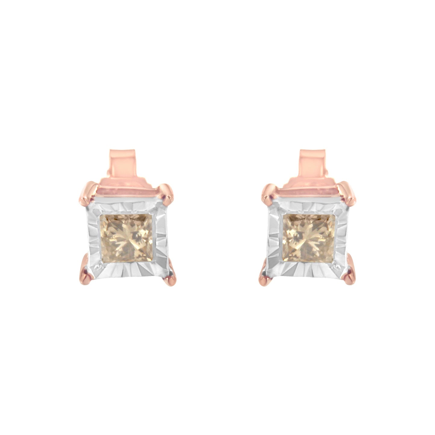 14K Rose Gold Plated Two-Tone .925 Sterling Silver 1/2 Cttw Princess-Cut Square Diamond Solitaire Miracle-Plate Stud Earrings (K-L Color, I2-I3 Clarity) Bids.com