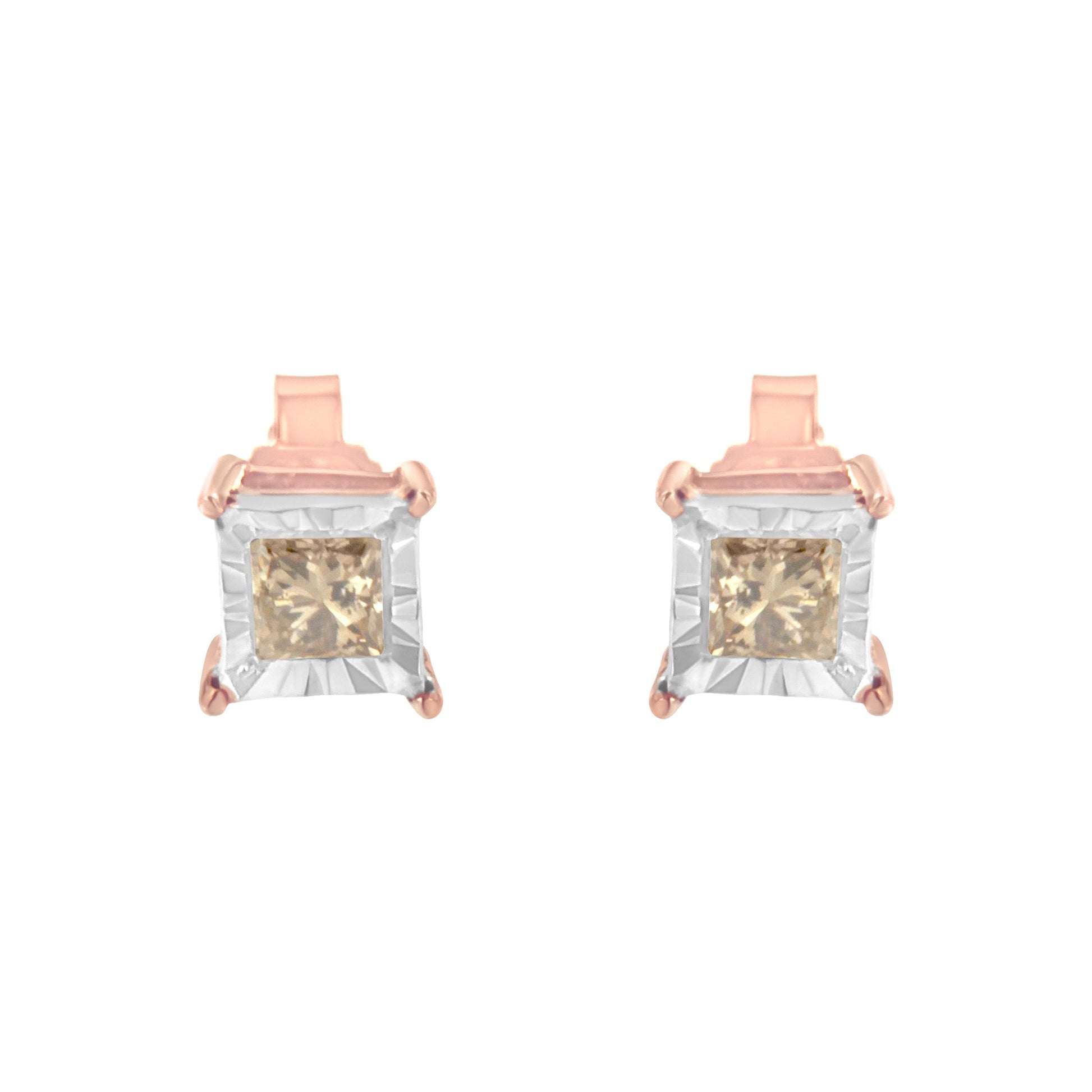 14K Rose Gold Plated Two-Tone .925 Sterling Silver 1/2 Cttw Princess-Cut Square Diamond Solitaire Miracle-Plate Stud Earrings (K-L Color, I2-I3 Clarity) Bids.com