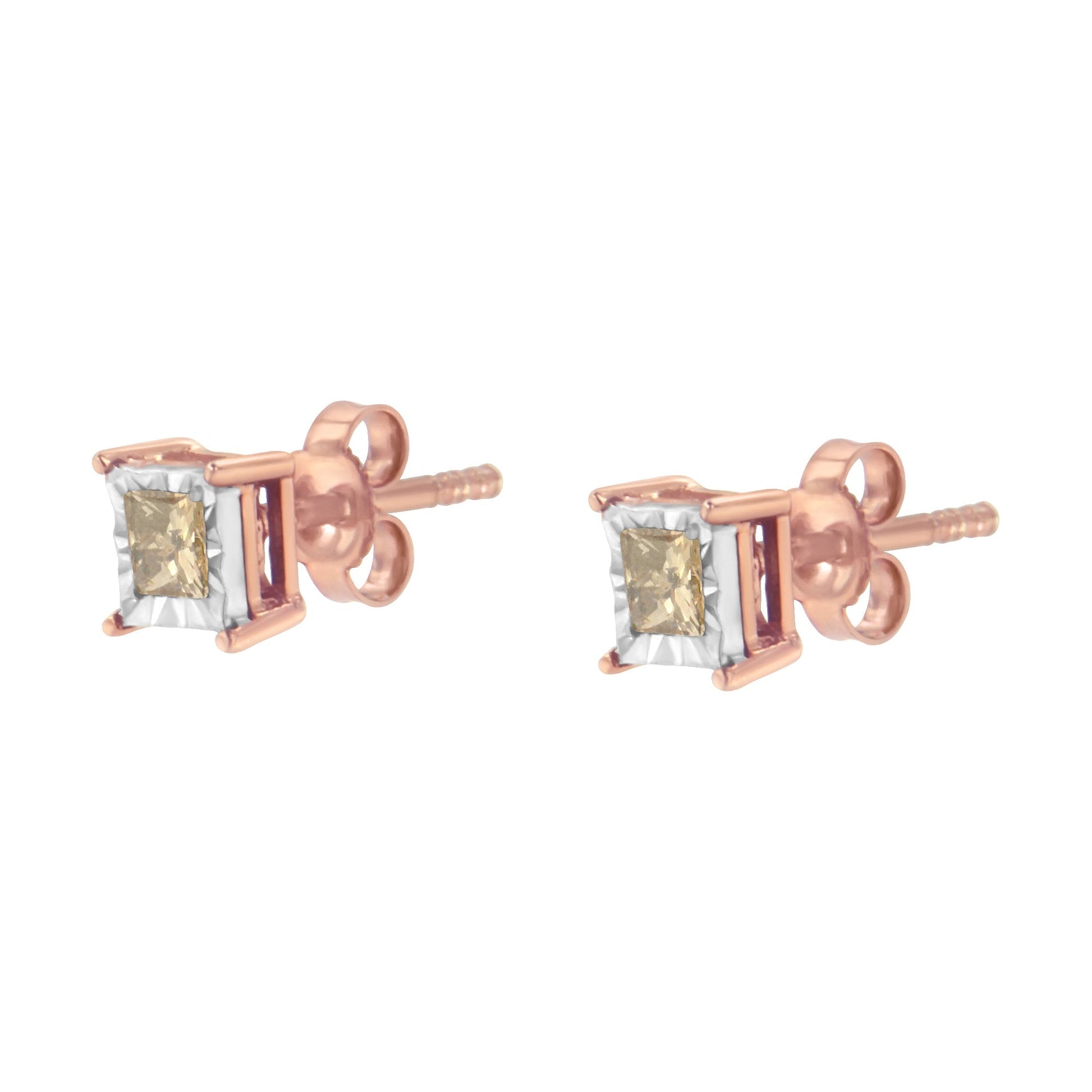 14K Rose Gold Plated Two-Tone .925 Sterling Silver 1/2 Cttw Princess-Cut Square Diamond Solitaire Miracle-Plate Stud Earrings (K-L Color, I2-I3 Clarity) Bids.com