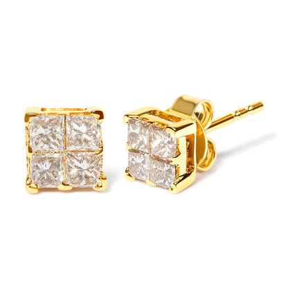 10K Yellow Gold 3/4 Cttw Invisible Set Princess-Cut Diamond Composite Square Stud Earrings (I-J Color, I2-I3 Clarity) Bids.com
