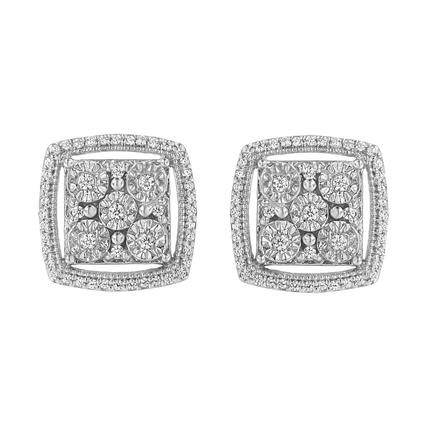 .925 Sterling Silver 3/8 Cttw Miracle Set Round Diamond Double Halo Cluster Earrings (I-J Color, I2-I3 Clarity) Bids.com