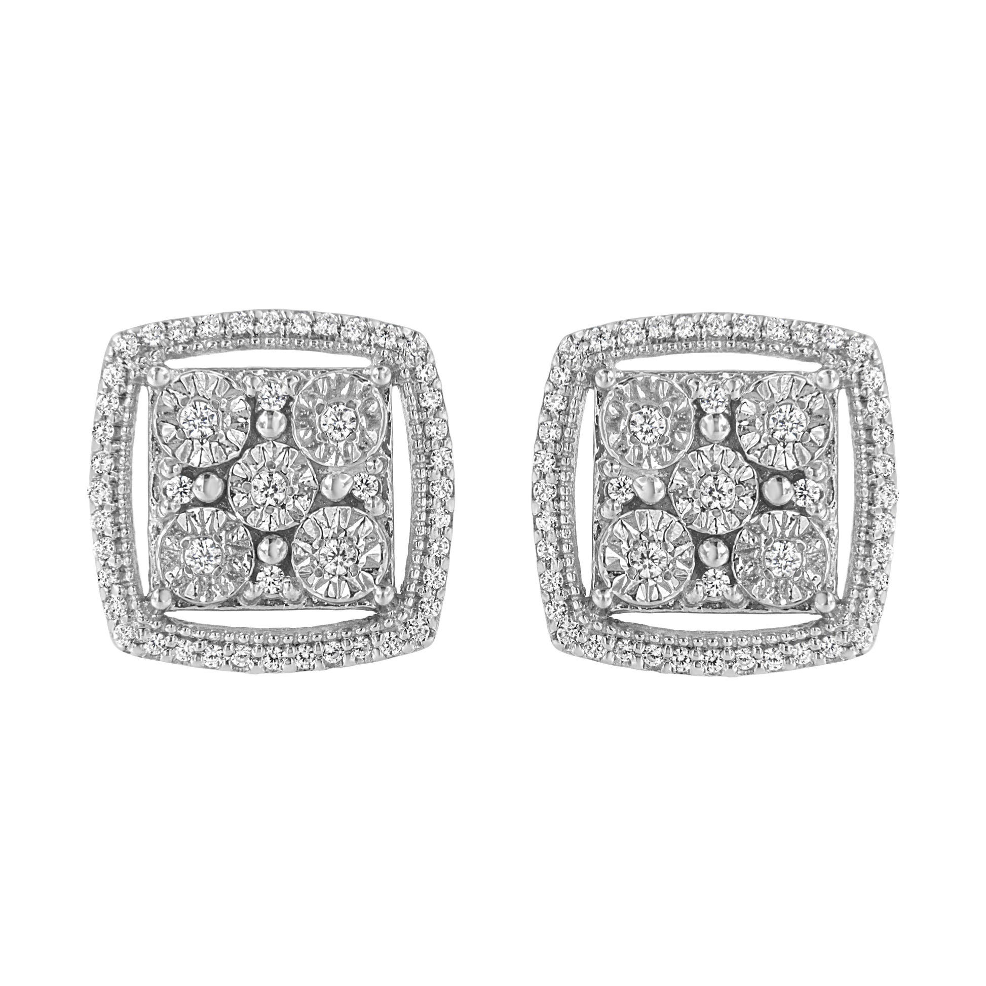.925 Sterling Silver 3/8 Cttw Miracle Set Round Diamond Double Halo Cluster Earrings (I-J Color, I2-I3 Clarity) Bids.com