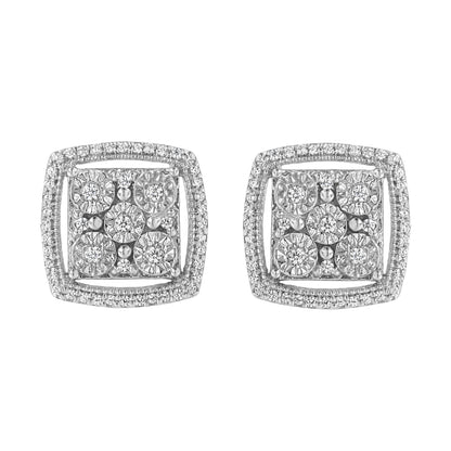 .925 Sterling Silver 3/8 Cttw Miracle Set Round Diamond Double Halo Cluster Earrings (I-J Color, I2-I3 Clarity) Bids.com