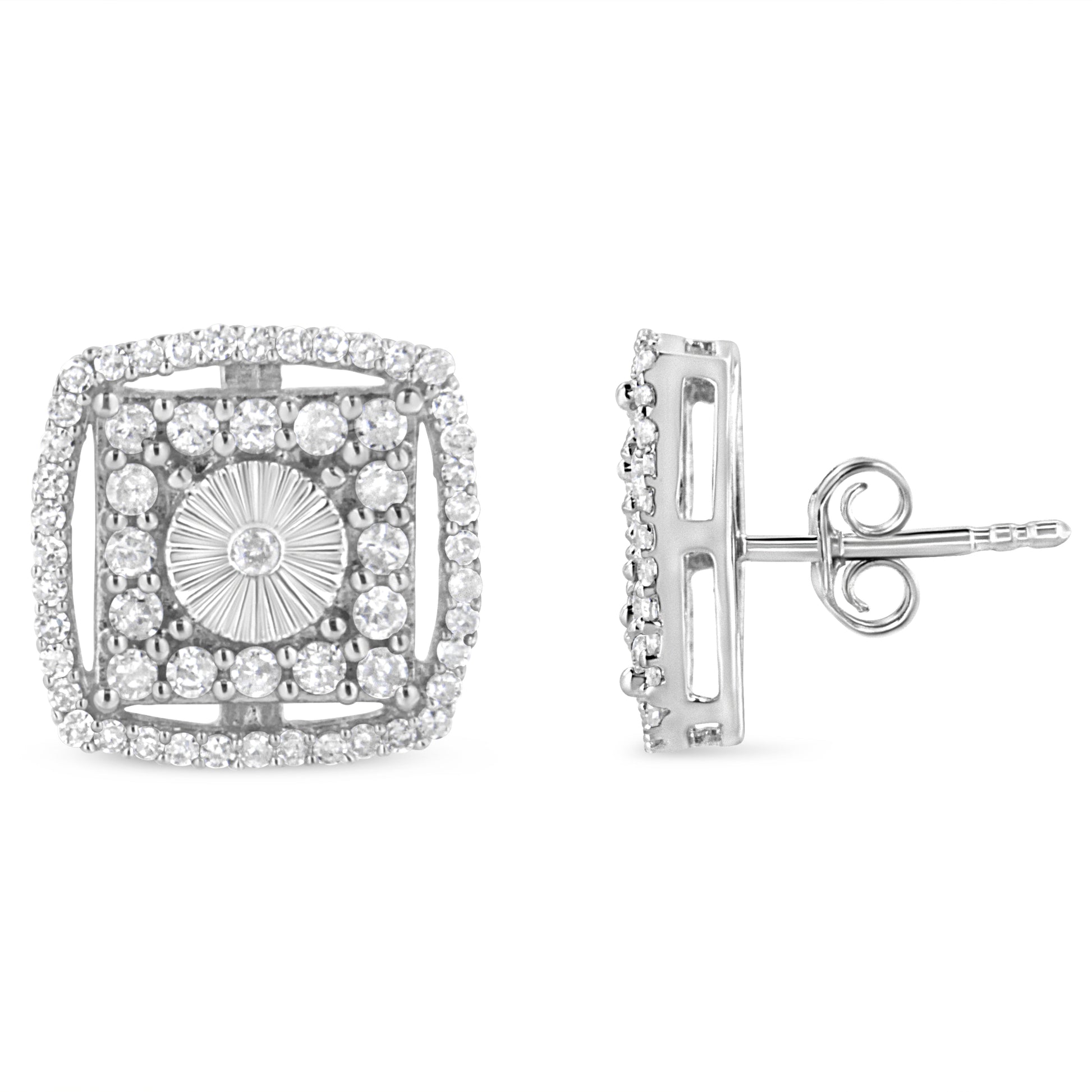 .925 Sterling Silver 1.0 Cttw Round Diamond Double Halo and Disc Stud Earring (I-J Color, I2-I3 Clarity) Bids.com