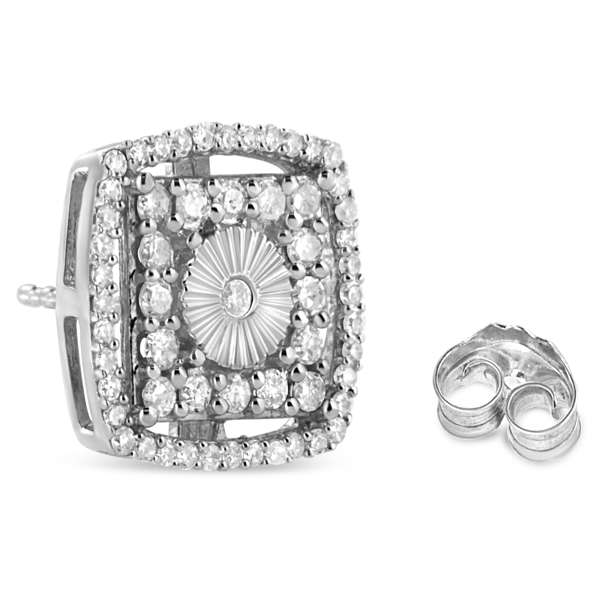 .925 Sterling Silver 1.0 Cttw Round Diamond Double Halo and Disc Stud Earring (I-J Color, I2-I3 Clarity) Bids.com
