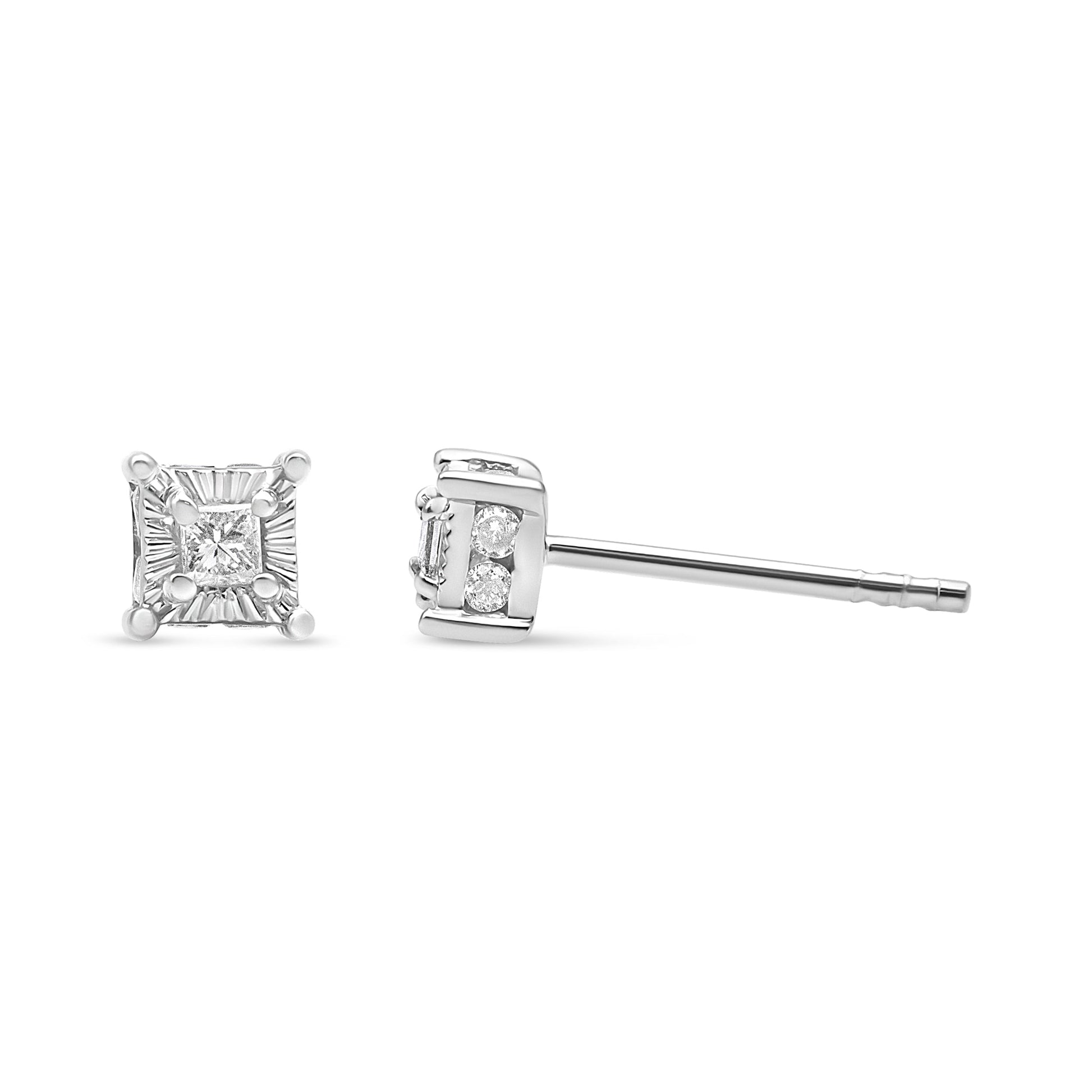 .925 Sterling Silver 1/4 Cttw Miracle Set Princess-Cut Diamond Solitaire Stud Earrings with Hidden Halo (I-J Color, SI2-I1 Clarity) Bids.com