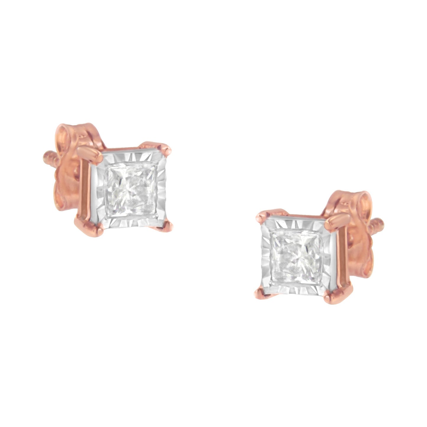 14K Rose Gold Plated Two-Tone .925 Sterling Silver 1/2 Cttw Princess-Cut Square Near Colorless Diamond Solitaire Miracle-Plate Stud Earrings (J-K Color, I2-I3 Clarity) Bids.com