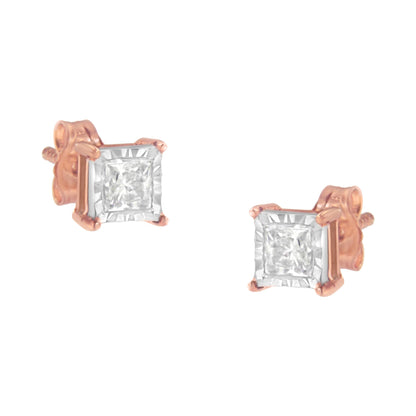 14K Rose Gold Plated Two-Tone .925 Sterling Silver 1/2 Cttw Princess-Cut Square Near Colorless Diamond Solitaire Miracle-Plate Stud Earrings (J-K Color, I2-I3 Clarity) Bids.com