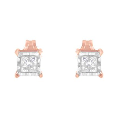 14K Rose Gold Plated Two-Tone .925 Sterling Silver 1/2 Cttw Princess-Cut Square Near Colorless Diamond Solitaire Miracle-Plate Stud Earrings (J-K Color, I2-I3 Clarity) Bids.com