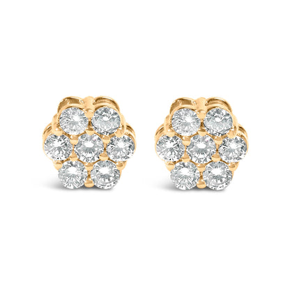 14K Yellow Gold 3/4 Cttw 7 Stone Floral Cluster Round Brilliant Cut Diamond Stud Earrings with Screw Backs (I-J Color, SI2-I1 Clarity) Bids.com