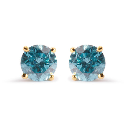 14K Yellow Gold 1.0 Cttw Treated Aqua Blue Diamond Classic Solitaire Stud Earrings (Aqua Blue Color, I2-I3 Clarity) Bids.com