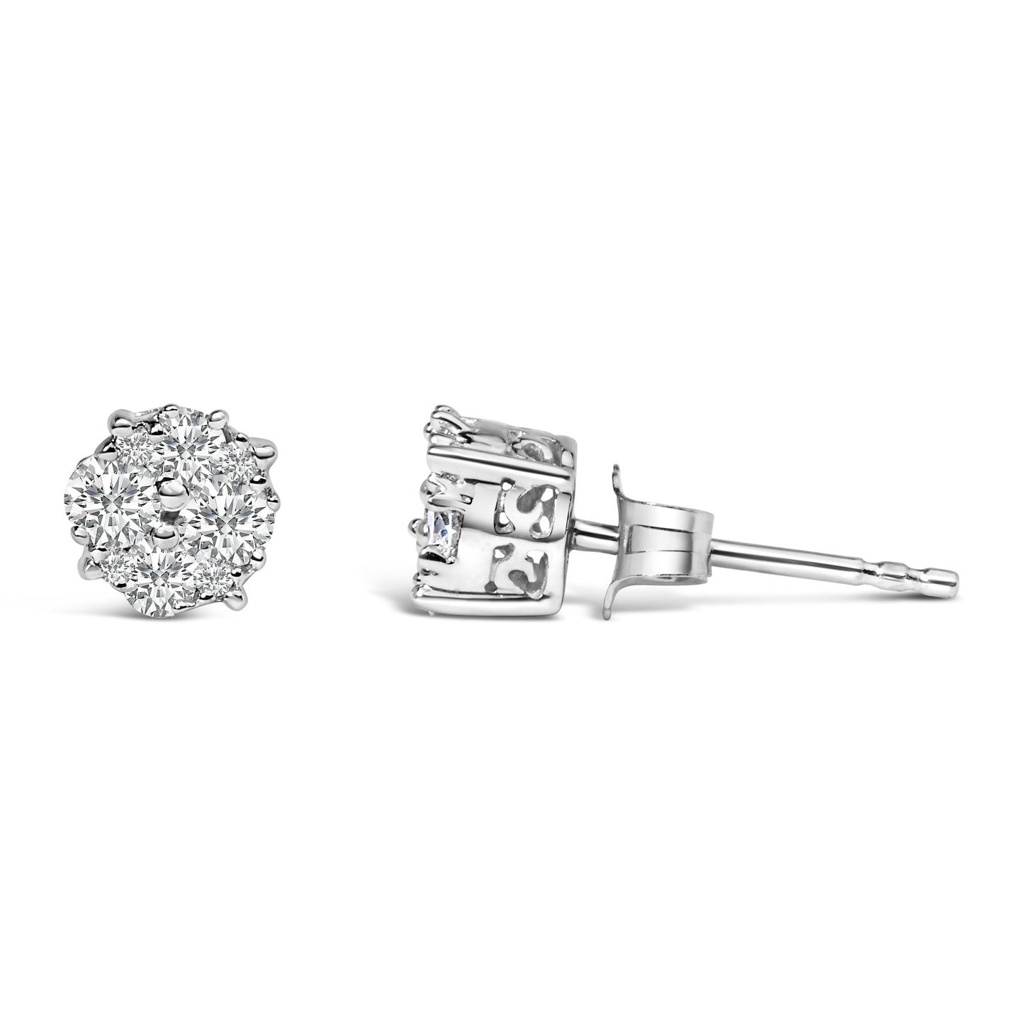 .925 Sterling Silver 1/2 cttw Prong Set Round-Cut Diamond Cluster Stud Earring (I-J Color, I2-I3 Clarity) Bids.com