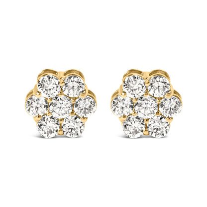 14K Yellow Gold 1 1/2 Cttw 7 Stone Floral Cluster Round Brilliant Cut Diamond Stud Earrings with Screw Backs (I-J Color, SI1-SI2 Clarity) Bids.com