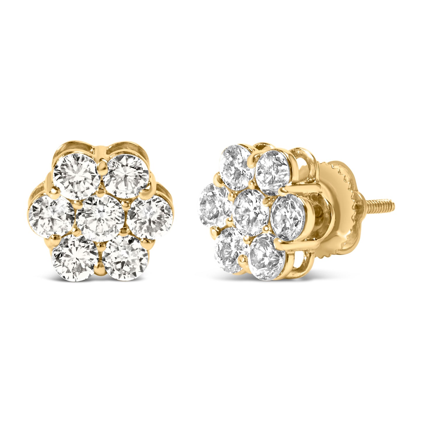 14K Yellow Gold 1 1/2 Cttw 7 Stone Floral Cluster Round Brilliant Cut Diamond Stud Earrings with Screw Backs (I-J Color, SI1-SI2 Clarity) Bids.com